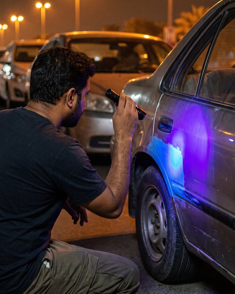 Checking a door skin at night — the repaint shows instantly